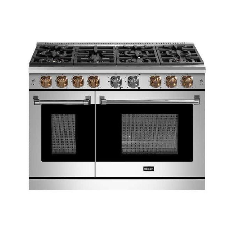 Reidom 48inch 7.0 Cu.ft Dual Fuel Range with 7 Burner Gas Cooktop and Electric Convection Oven in Stainless Steel 304 with Heavy Duty Cast-Iron Cooking Grates